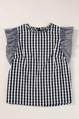 Ruffled Plaid Mock Neck Cap Sleeve Blouse - Trendsi - Flyclothing LLC