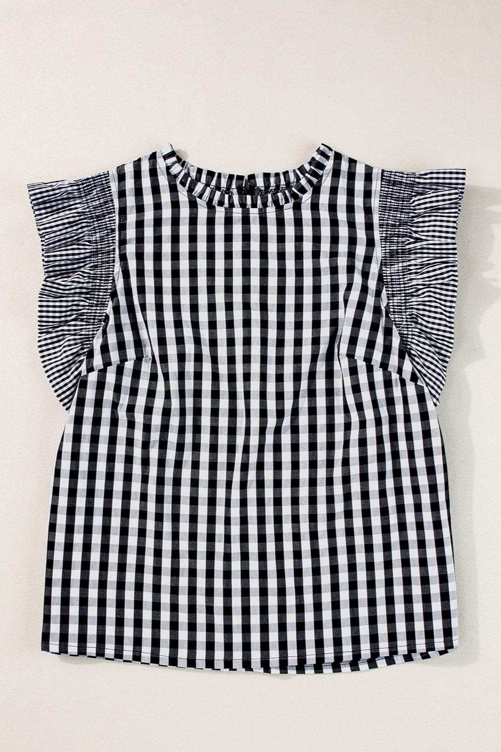 Ruffled Plaid Mock Neck Cap Sleeve Blouse - Trendsi - Flyclothing LLC