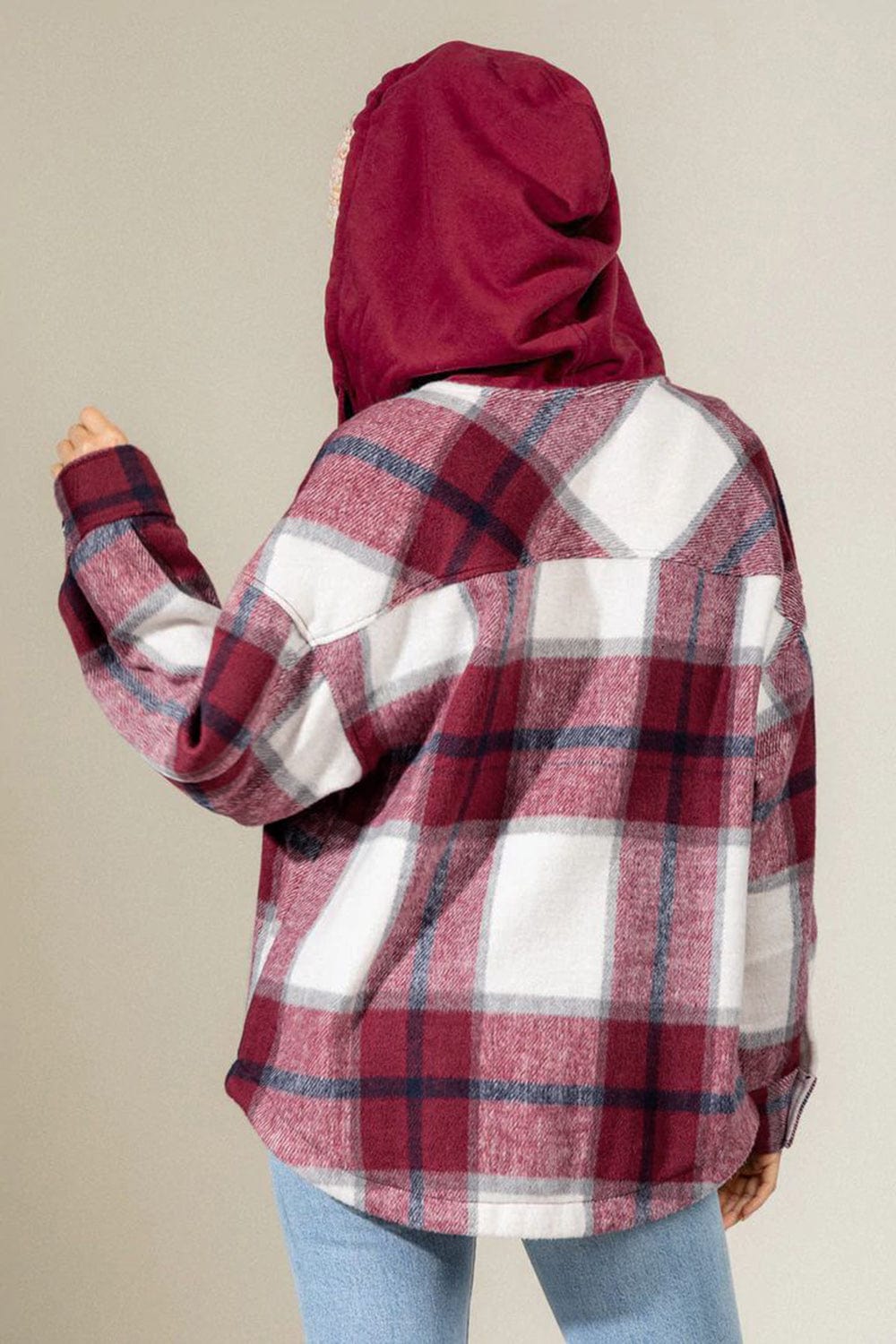 Drawstring Plaid Dropped Shoulder Hooded Shacket - Trendsi
