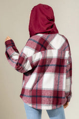 Drawstring Plaid Dropped Shoulder Hooded Shacket - Trendsi