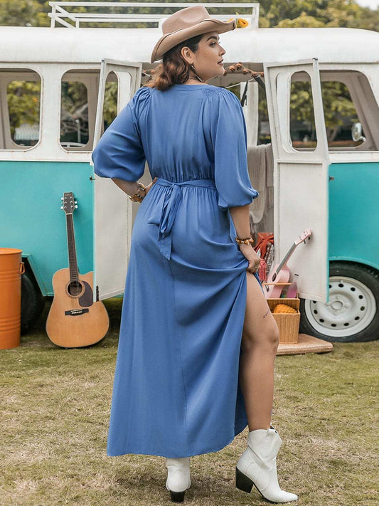 Plus Size Ruched Slit Three-Quarter Sleeve Midi Dress - Trendsi - Flyclothing LLC