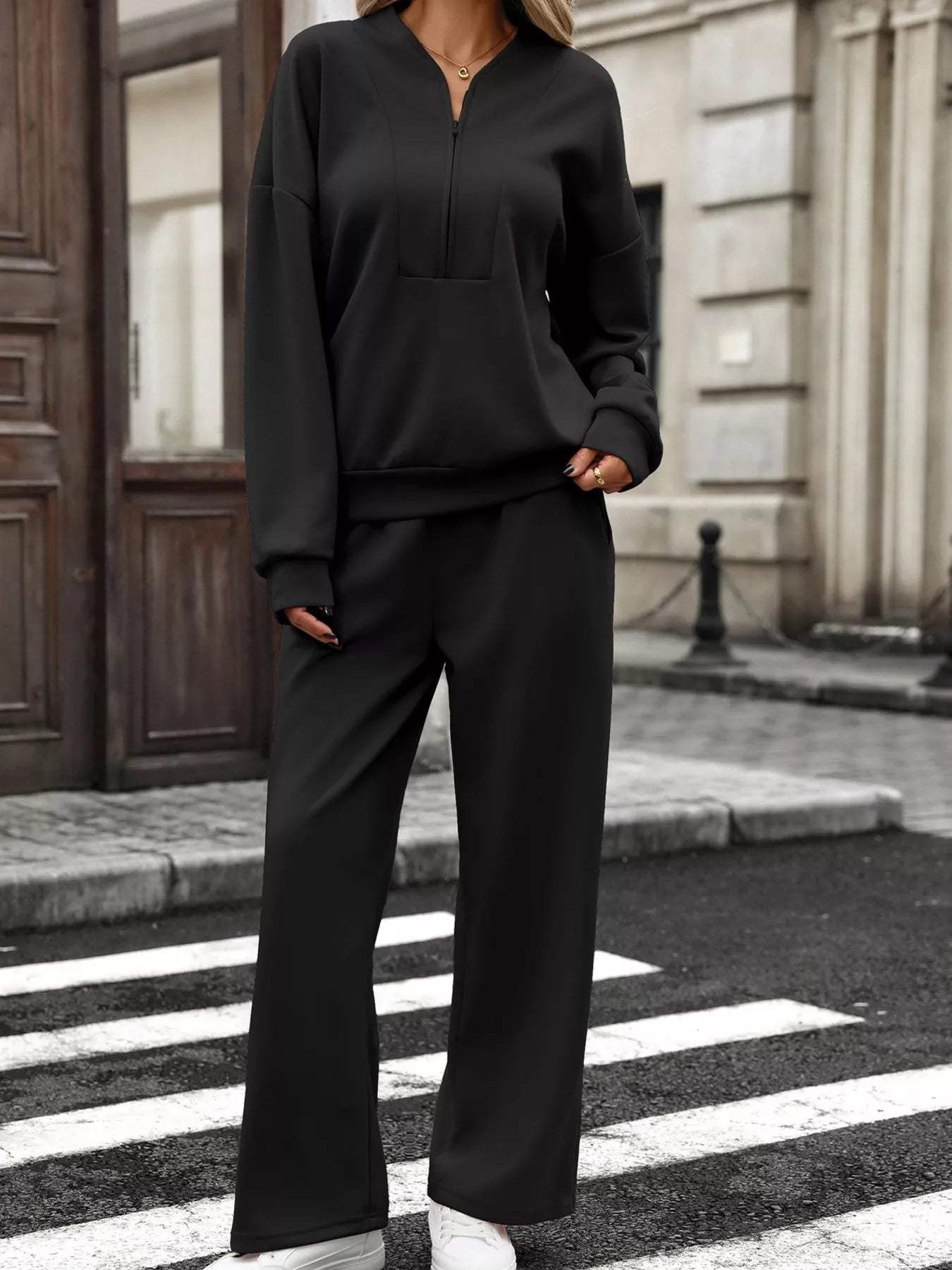 Half Zip Sweatshirt and Wide-Leg Pants Set - Trendsi - Flyclothing LLC