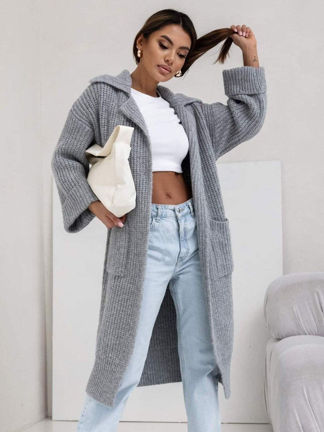 Pocketed Collared Neck Dropped Shoulder Cardigan - Trendsi - Flyclothing LLC