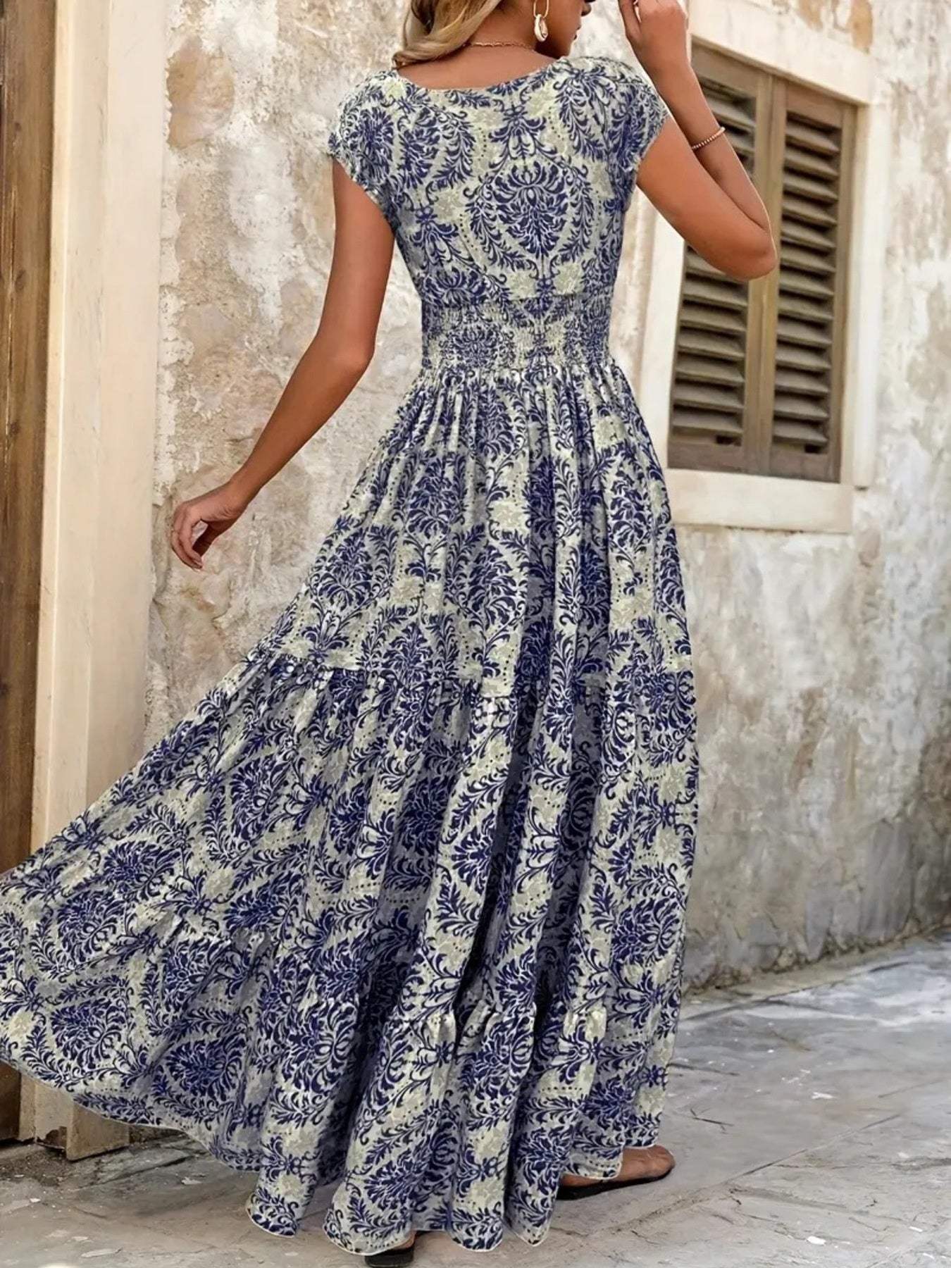 Printed Cap Sleeve Maxi Dress - Trendsi - Flyclothing LLC