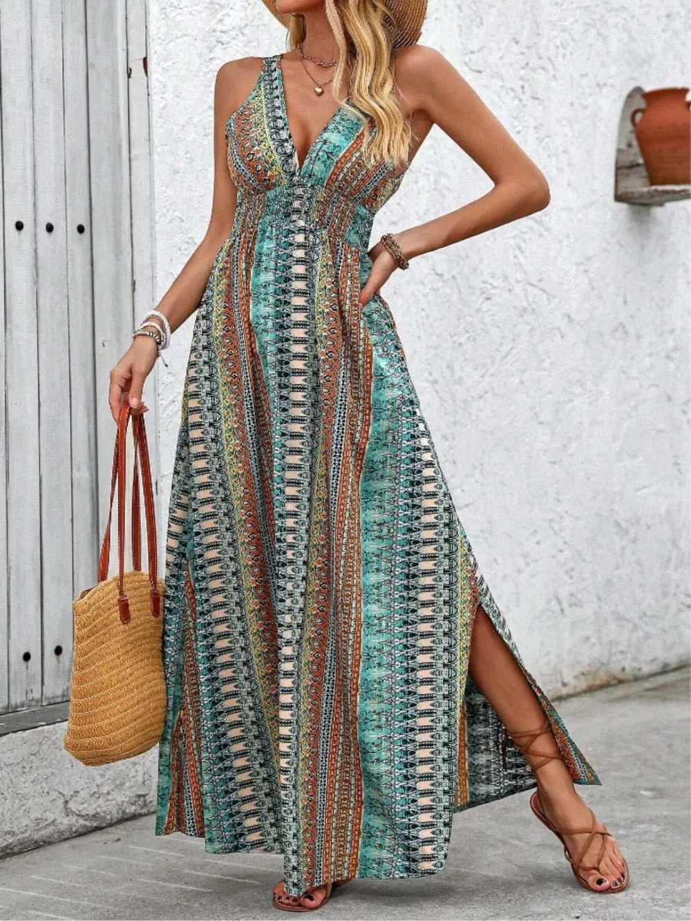 Tied Back Printed Sleeveless Maxi Slit Dress - Trendsi - Flyclothing LLC