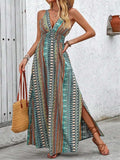 Tied Back Printed Sleeveless Maxi Slit Dress - Trendsi - Flyclothing LLC