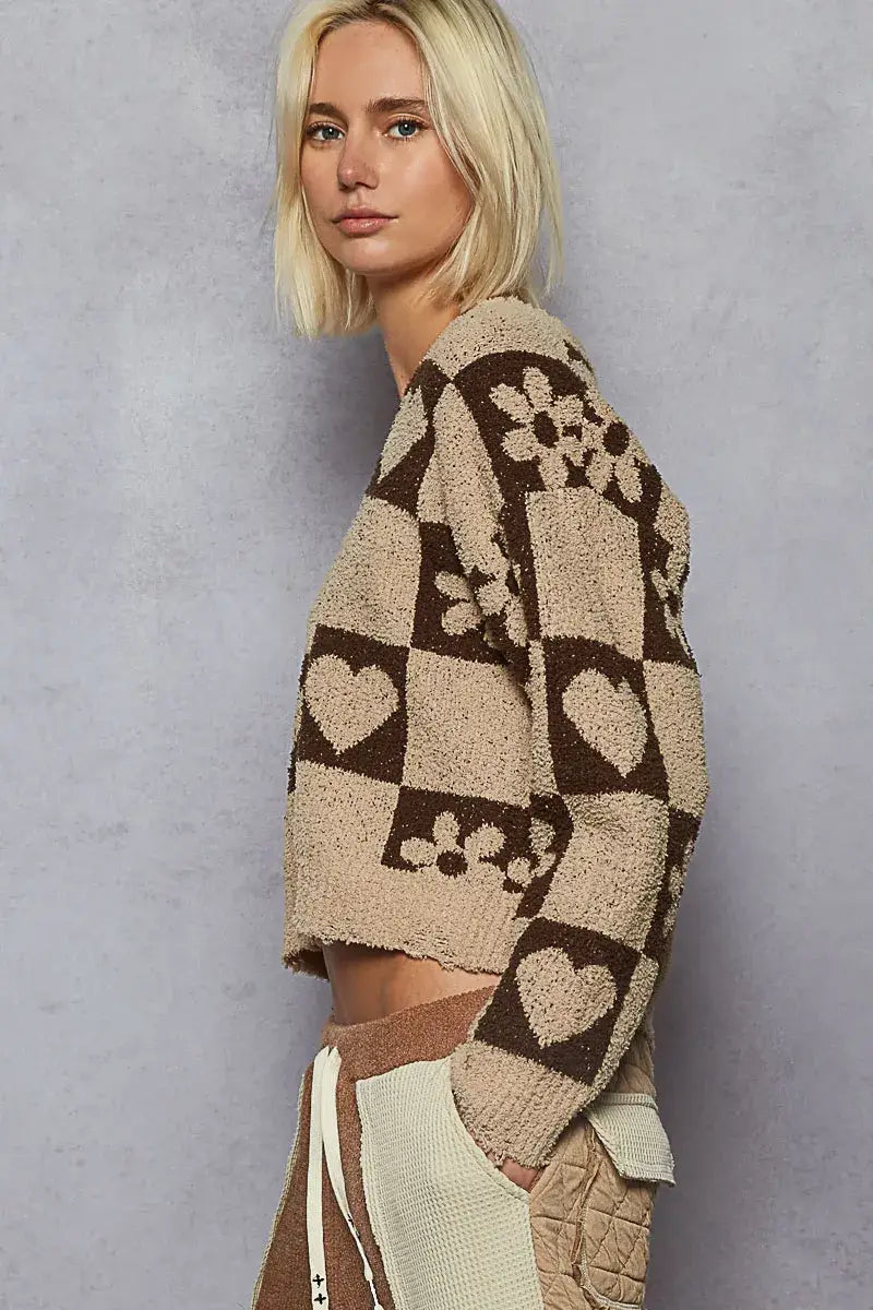 POL V-Neck Heart Pattern Checkered Sweater - Trendsi - Flyclothing LLC