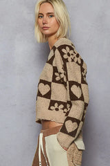 POL V-Neck Heart Pattern Checkered Sweater - Trendsi - Flyclothing LLC