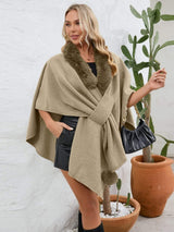 Fuzzy Trim Open Front Poncho - Trendsi - Flyclothing LLC