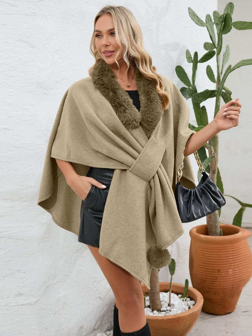 Fuzzy Trim Open Front Poncho - Trendsi - Flyclothing LLC