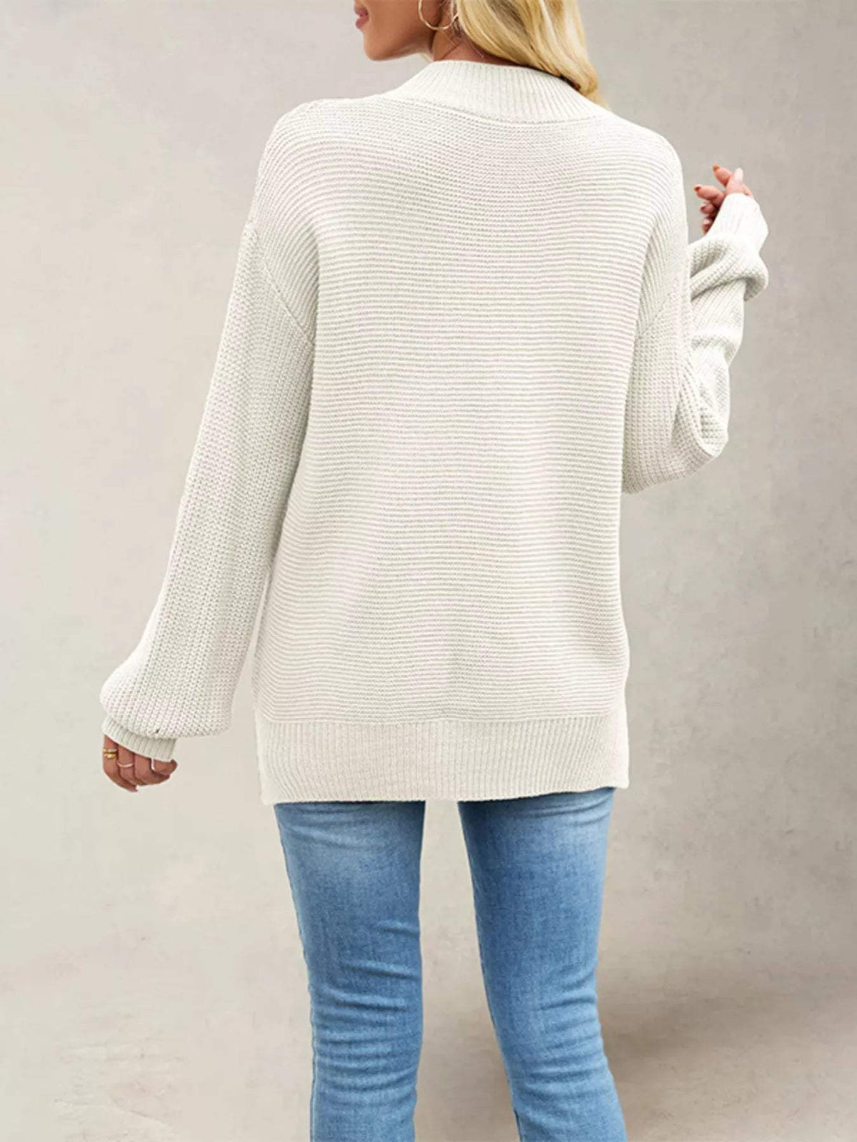 Ribbed Mock Neck Drop Shoulder Sweater - Trendsi - Flyclothing LLC