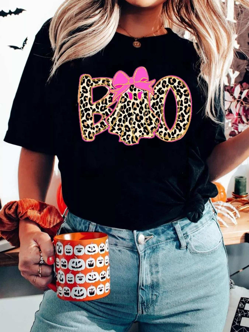 Halloween Ghost Boo Graphic Round Neck T Shirt - Trendsi - Flyclothing LLC