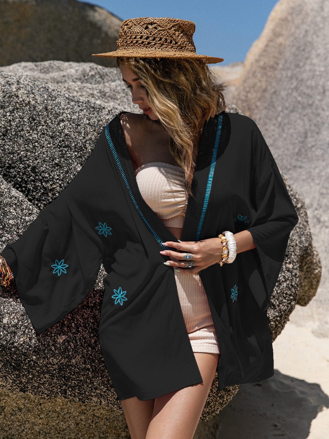 Embroidered Open Front Long Sleeve Cover Up - Trendsi