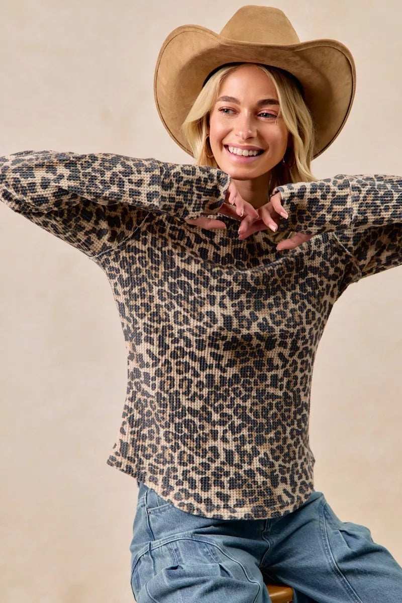 BiBi Leopard Print Washed Waffle Thermal Top with Thumb - Trendsi - Flyclothing LLC