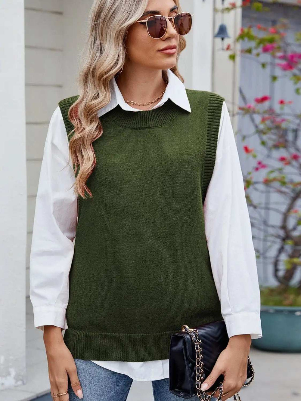 Buttoned Round Neck Sweater Vest - Trendsi - Flyclothing LLC