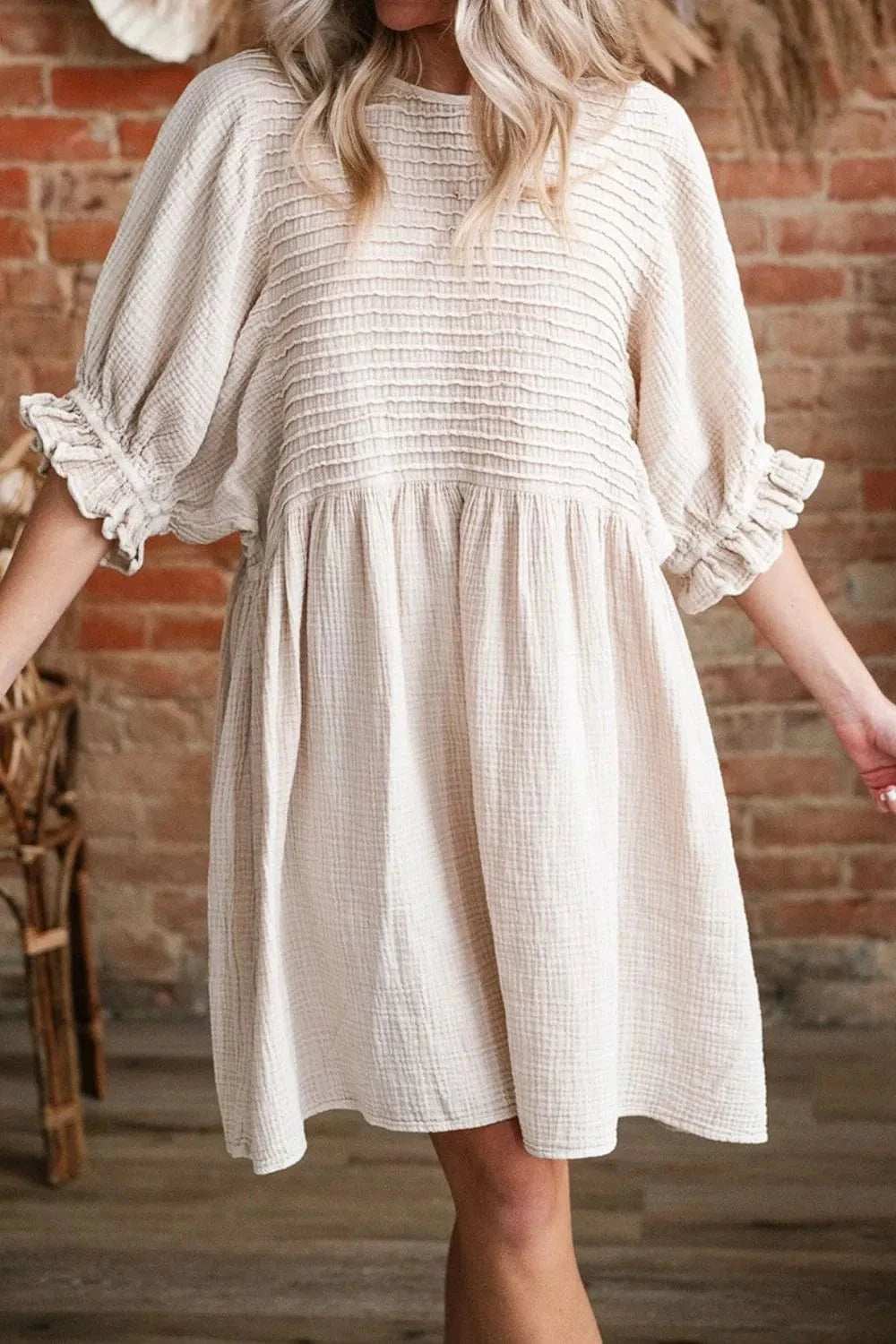 Textured Ruffled Puff Sleeve Loose Dress - Trendsi - Flyclothing LLC