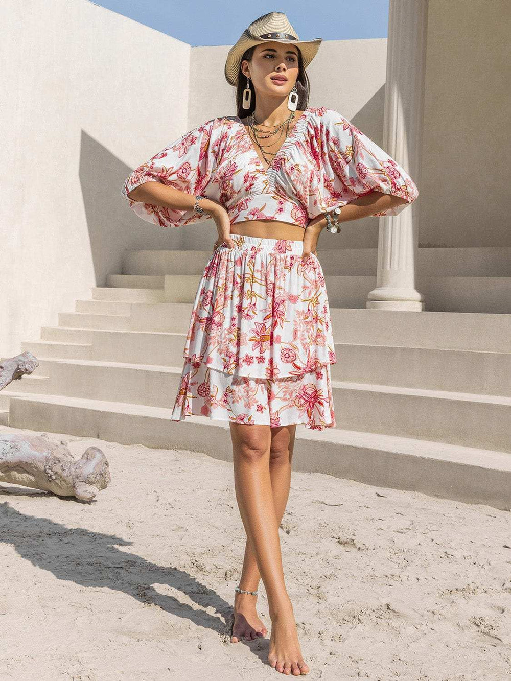 Printed Half Sleeve Top and Layered Skirt Set - Trendsi - Flyclothing LLC