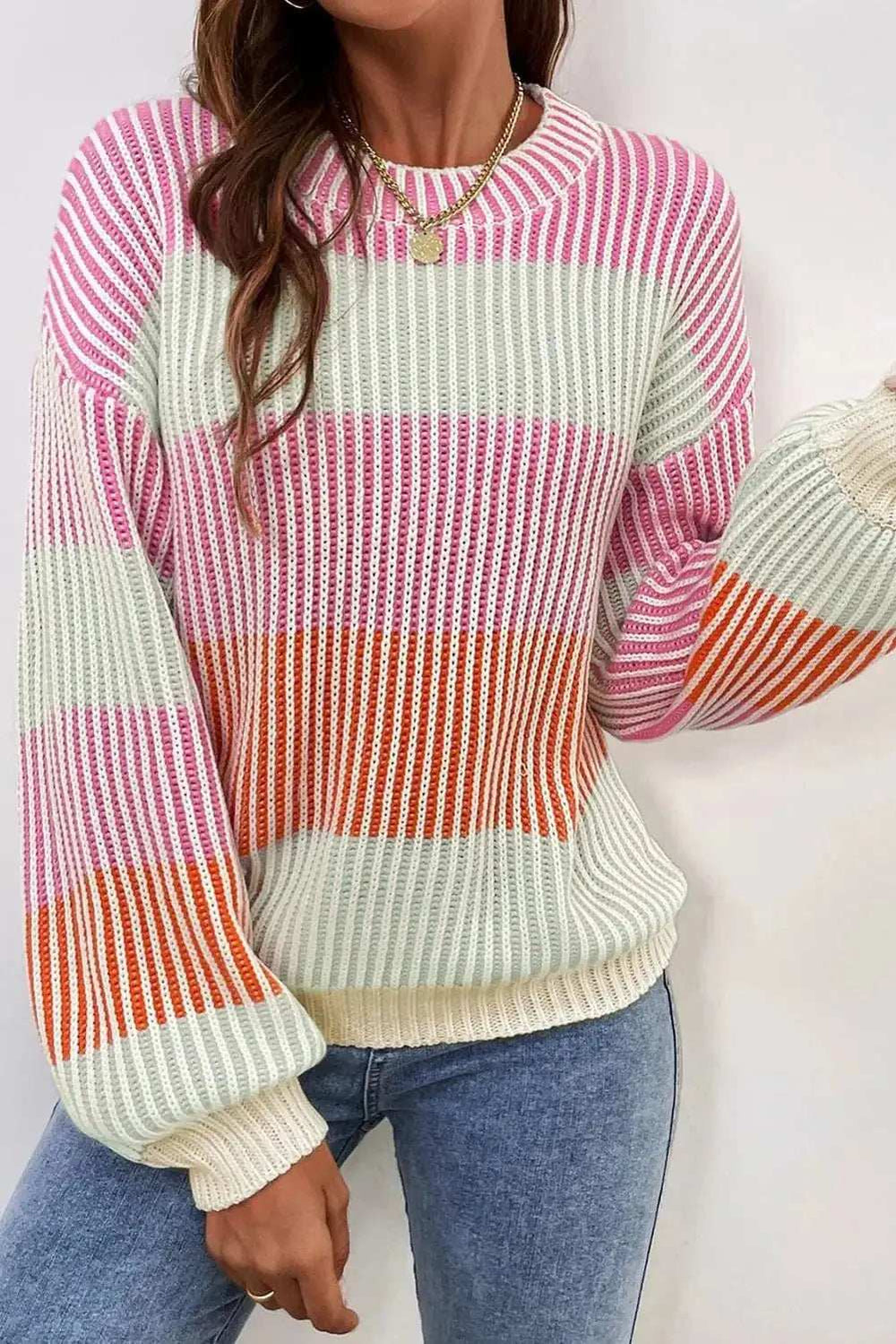 Striped Color Block Round Neck Long Sleeve Sweater - Trendsi - Flyclothing LLC