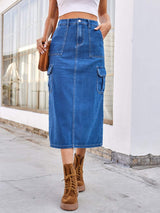 Slit Midi Denim Skirt with Pockets - Trendsi - Flyclothing LLC