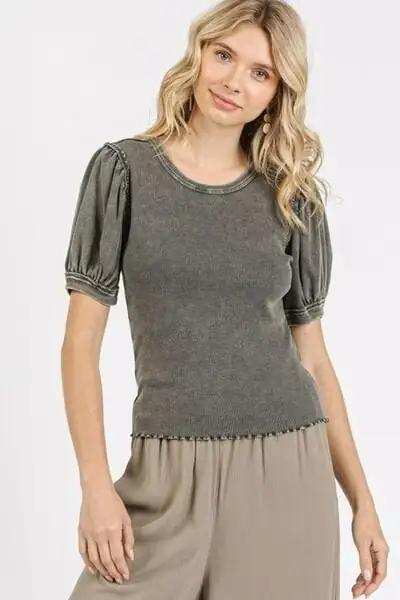 Mittoshop Mineral Wash Puff Sleeve Rib Knit Top - Trendsi - Flyclothing LLC