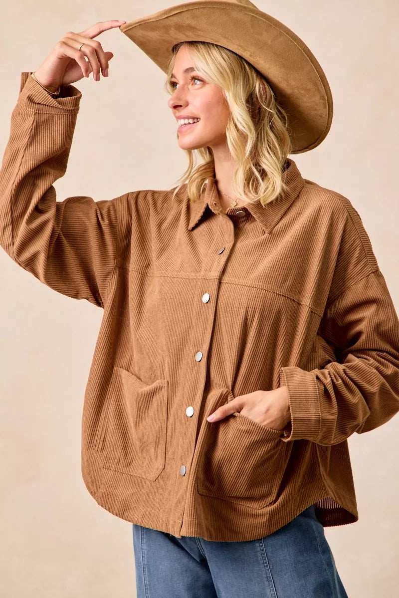 BiBi Corduroy Relaxed Fit Shacket with Back Pleat - Trendsi - Flyclothing LLC