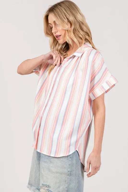 SAGE+FIG Full Size Multi Stripe Button Down Short Sleeve Shirt Plus Size - Trendsi - Flyclothing LLC