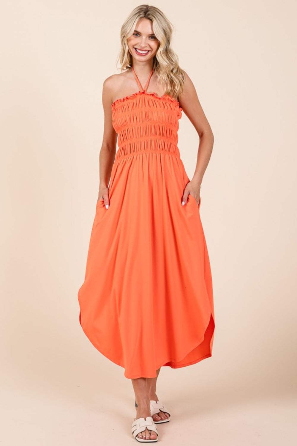 Culture Code Tie Back Shirring Dress with Pockets - Trendsi - Flyclothing LLC