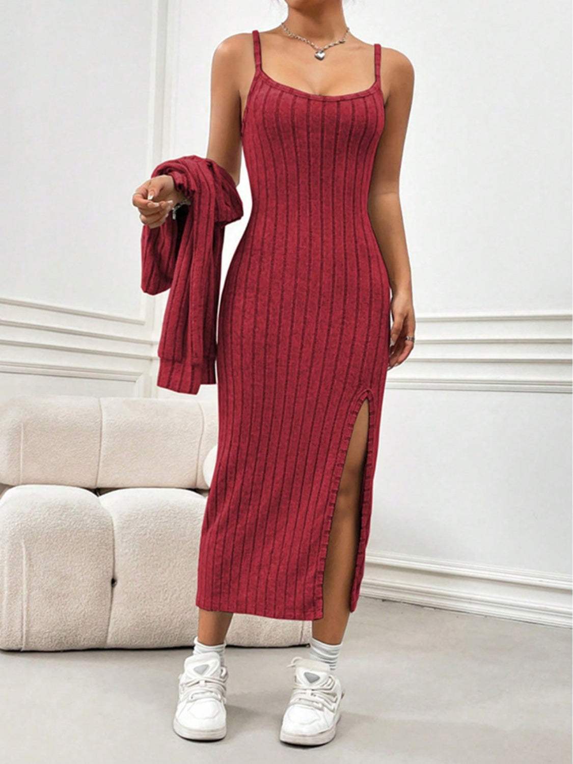 Ribbed Long Sleeve Cropped Cardigan and Slit Cami Dress Set - Trendsi - Flyclothing LLC