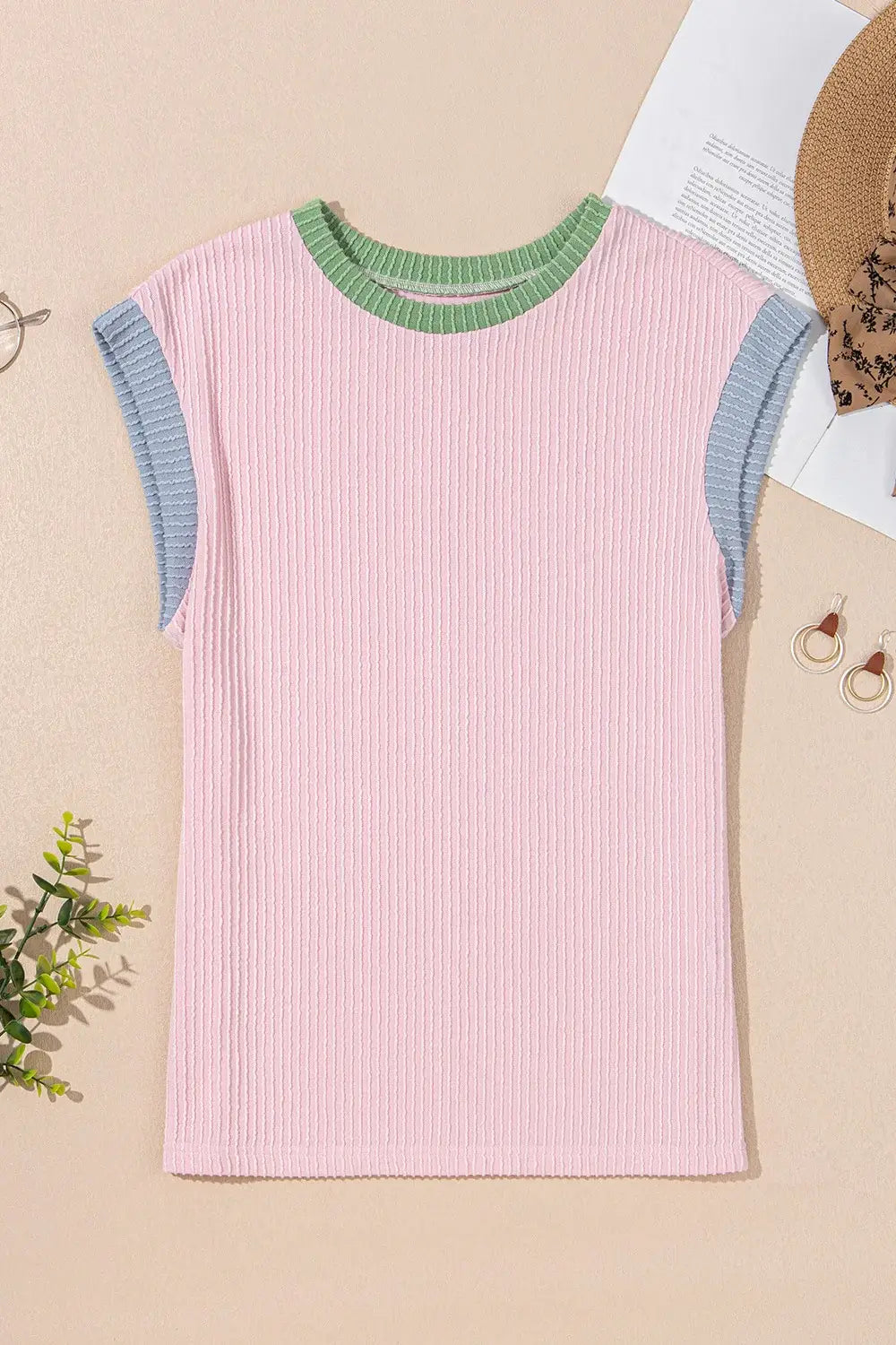 Contrast Trim Round Neck Cap Sleeve Top - Trendsi - Flyclothing LLC