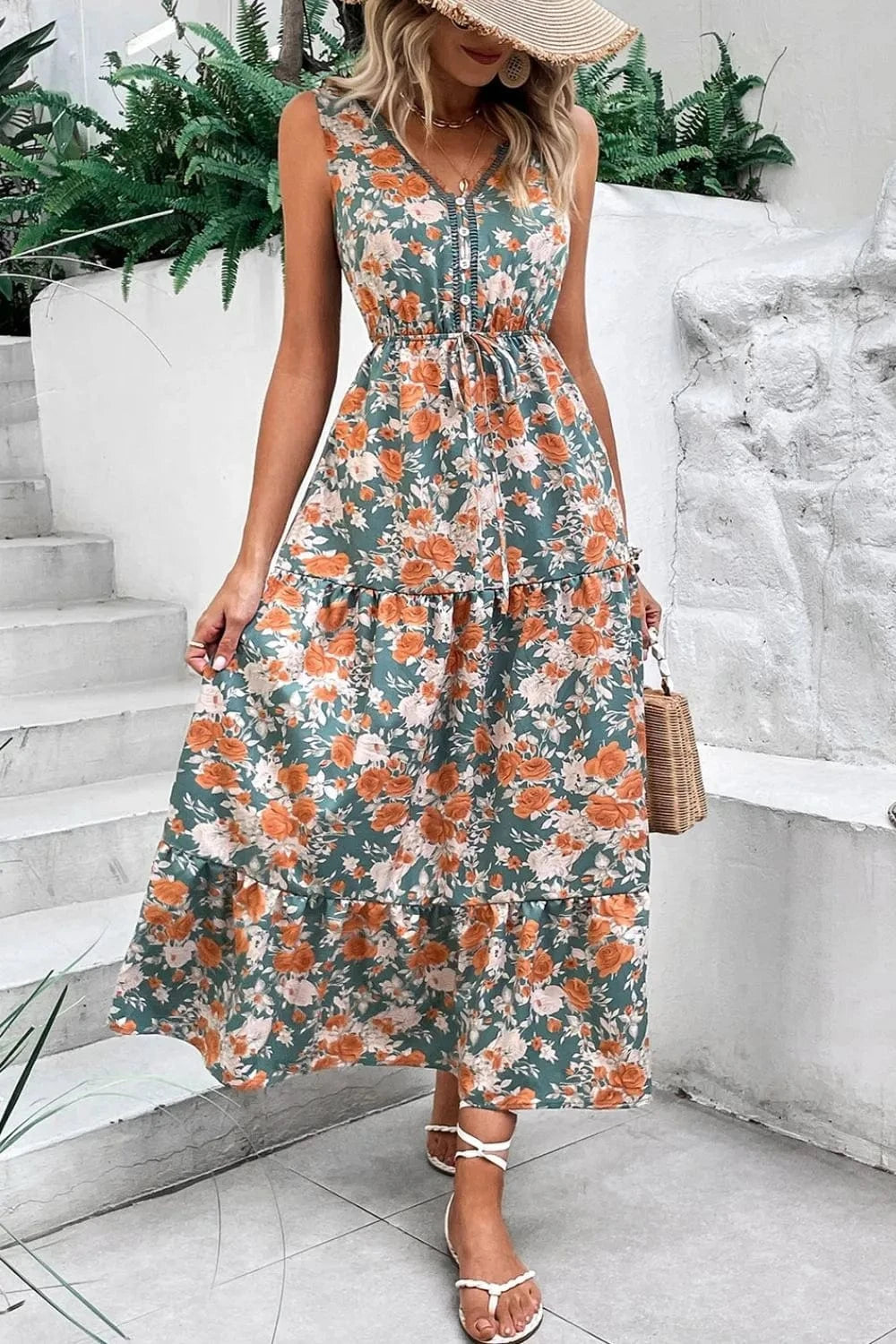 Floral Print Trimmed V Neck Tie Waist Sleeveless Dress - Trendsi
