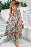 Floral Print Trimmed V Neck Tie Waist Sleeveless Dress - Trendsi
