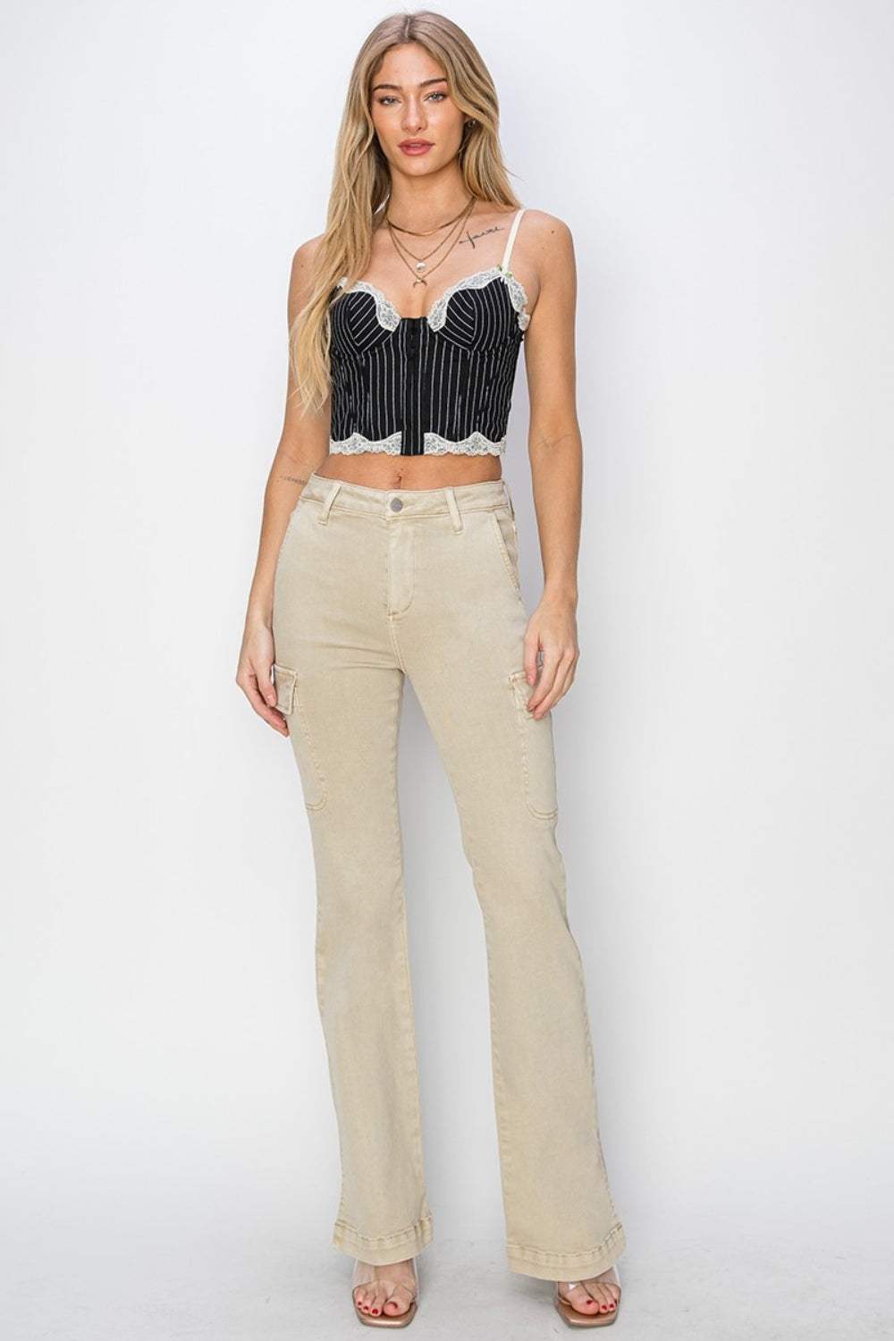 RISEN Full Size High Rise Side Slit Cargo Bootcut Jeans - Trendsi - Flyclothing LLC