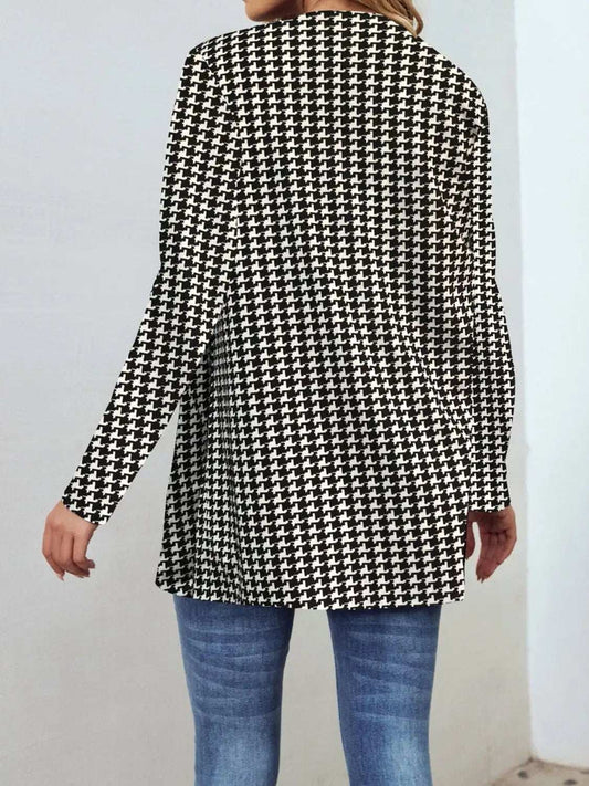 Houndstooth Open Front Long Sleeve Jacket - Trendsi - Flyclothing LLC