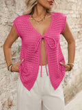 Tied Front Openwork V-Neck Knit Top - Trendsi