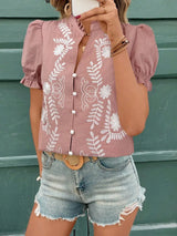 Embroidered Frill Notched Short Sleeve Blouse - Trendsi - Flyclothing LLC