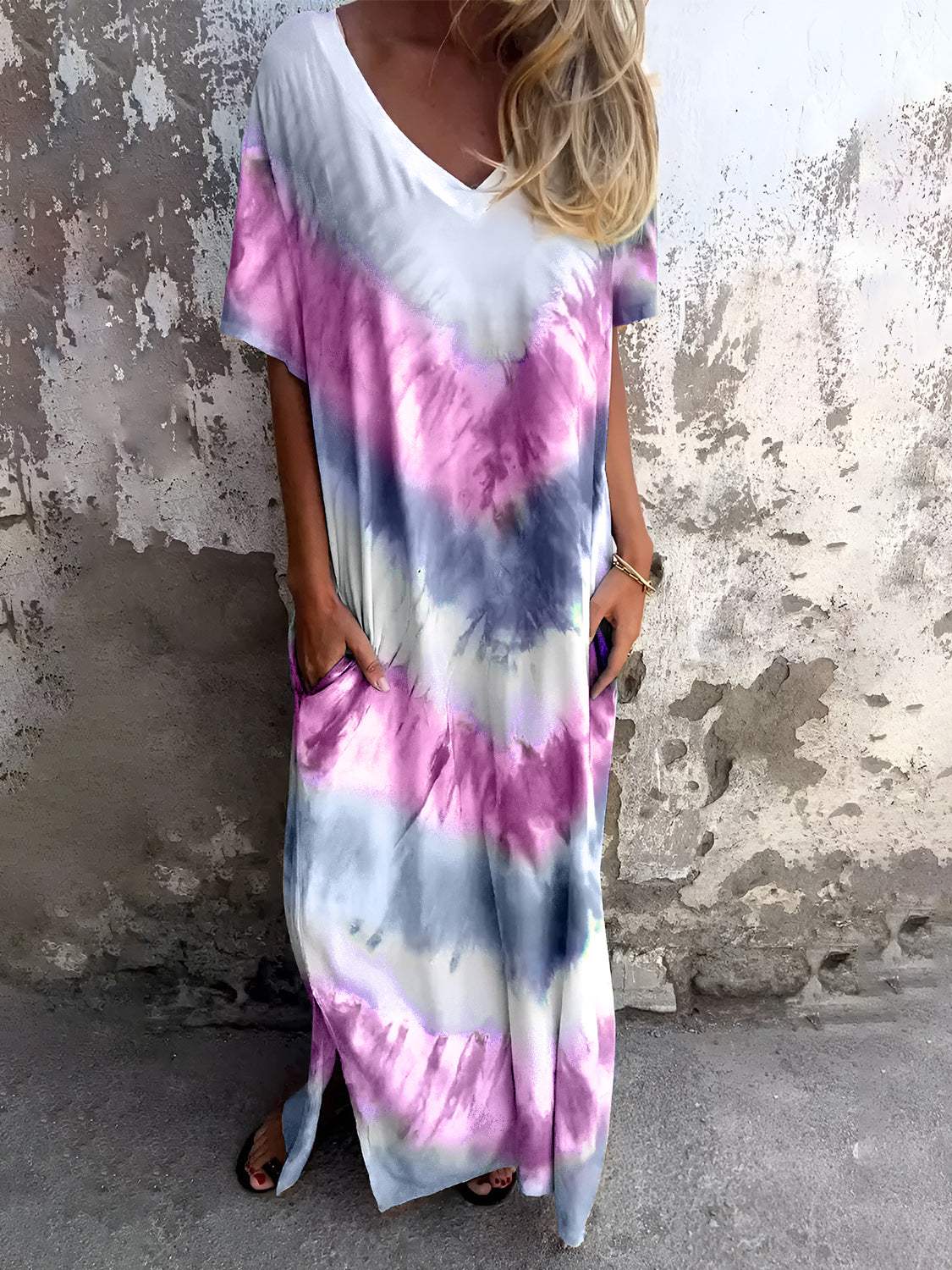 Full Size Pocketed Tie-Dye Short Sleeve Dress - Trendsi - Flyclothing LLC