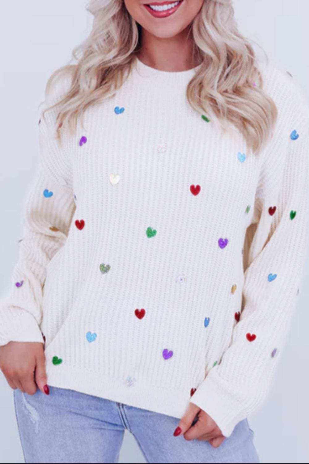 Heart Sequin Round Neck Long Sleeve Sweater - Trendsi - Flyclothing LLC