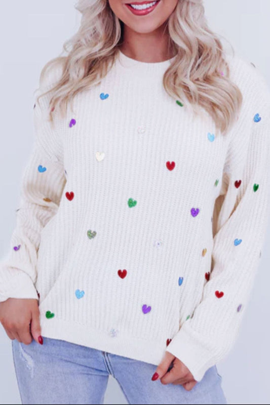 Heart Sequin Round Neck Long Sleeve Sweater - Trendsi