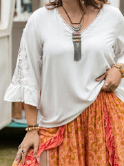 Plus Size Lace Detail V-Neck Three-Quarter Sleeve Blouse - Trendsi