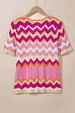 Stripe Chevron Openwork Round Neck Short Sleeve Knit Top - Trendsi
