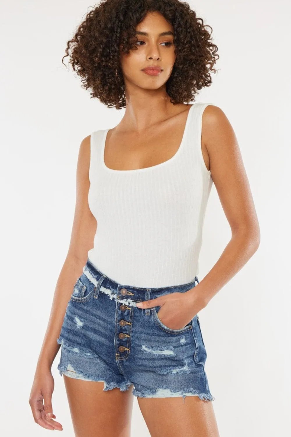 Kancan Distressed Button Fly Denim Shorts - Trendsi