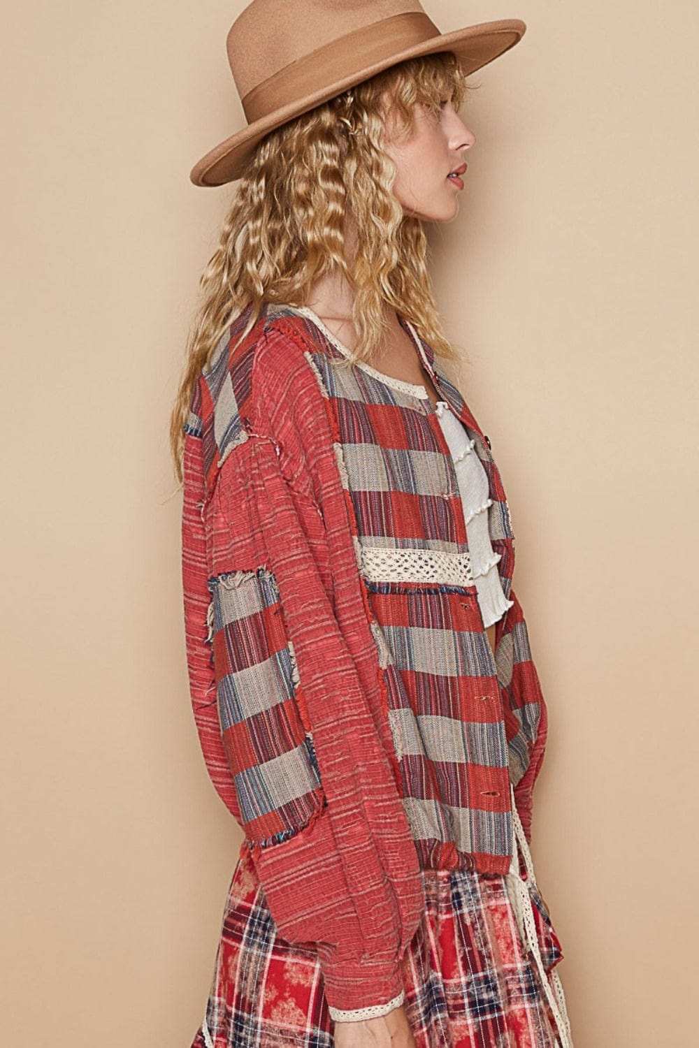 POL Round Neck Long Sleeve Plaid Shirt - Trendsi - Flyclothing LLC