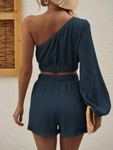 One Shoulder Long Sleeve Top and Shorts Set - Trendsi - Flyclothing LLC