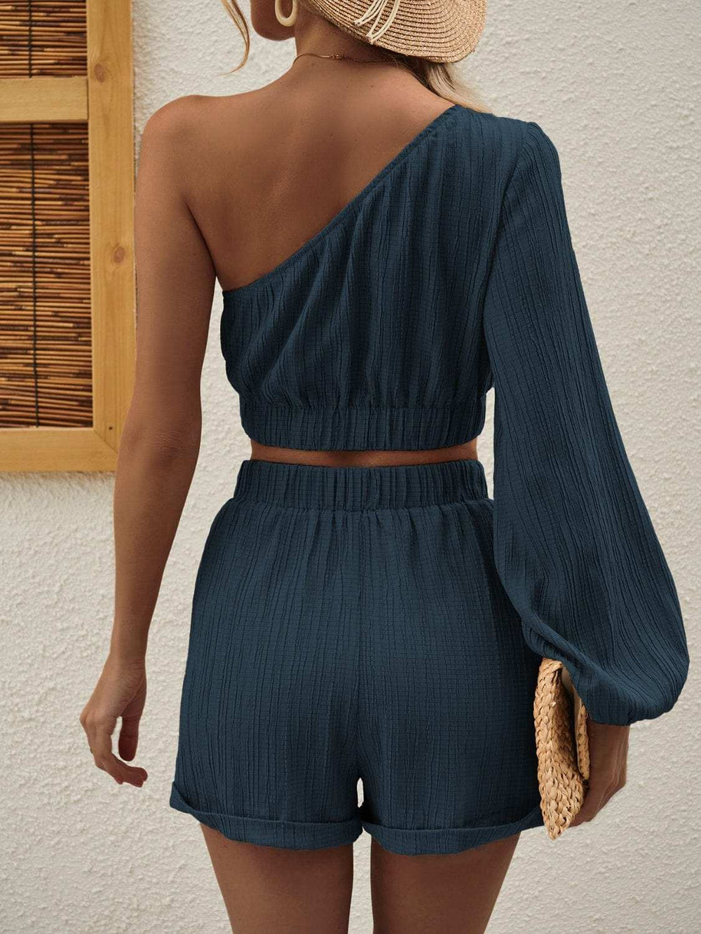 One Shoulder Long Sleeve Top and Shorts Set - Trendsi - Flyclothing LLC