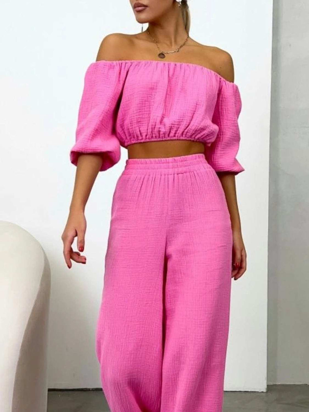 Off Shoulder Long Sleeve Top and Pants Set - Trendsi - Flyclothing LLC