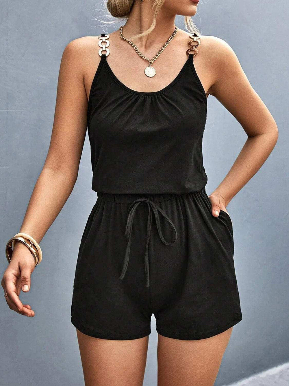 Pocketed Buckle Trim Scoop Neck Romper - Trendsi - Flyclothing LLC
