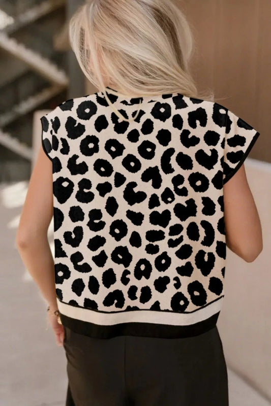 Leopard Cap Sleeve Sweater - Trendsi - Flyclothing LLC