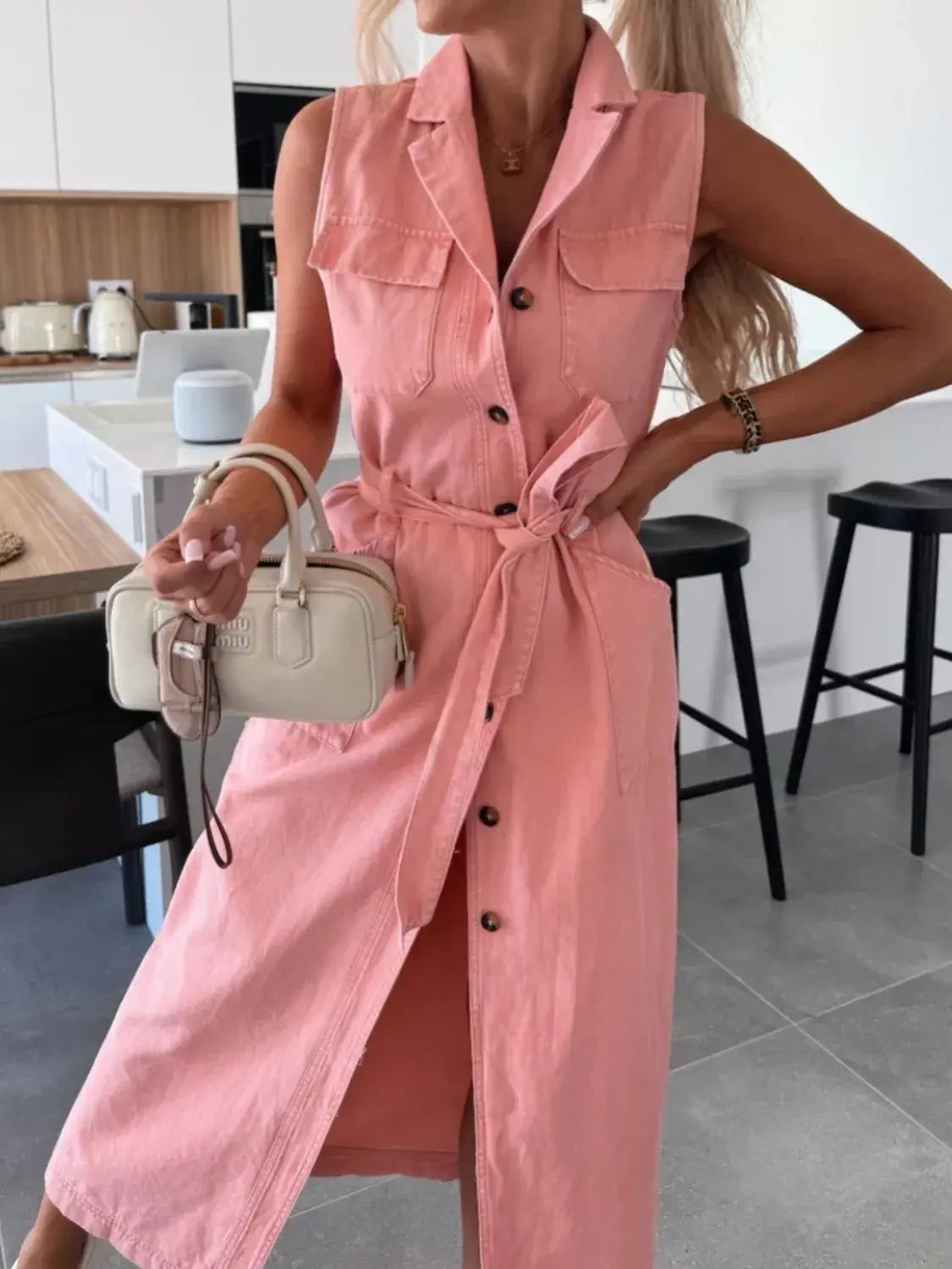 Button Front Sleeveless Denim Dress - Trendsi - Flyclothing LLC