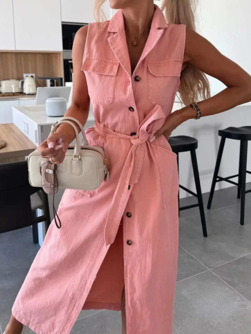 Button Front Sleeveless Denim Dress - Trendsi - Flyclothing LLC