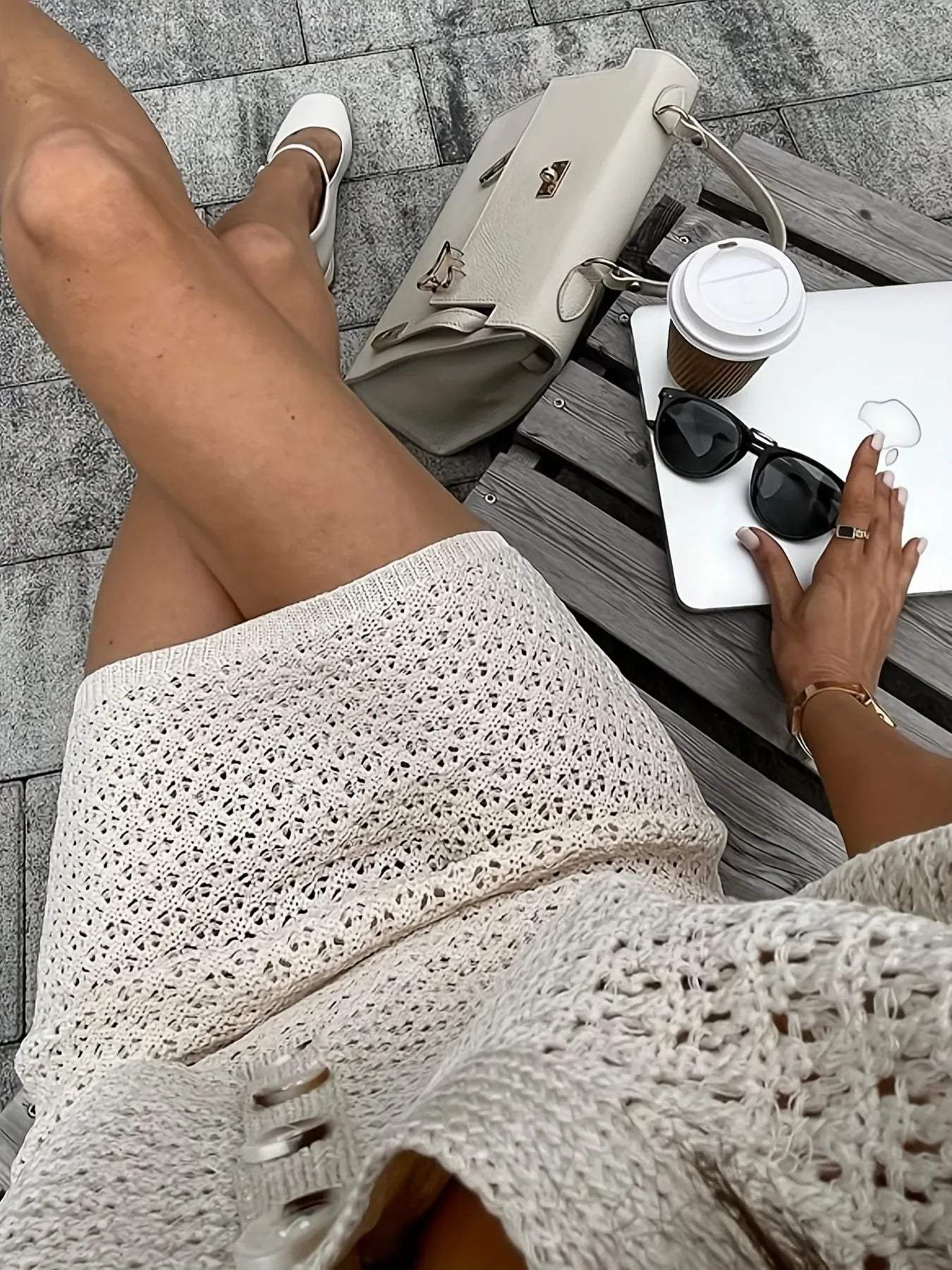 Openwork Button Up Top and Skirt Sweater Set - Trendsi - Flyclothing LLC